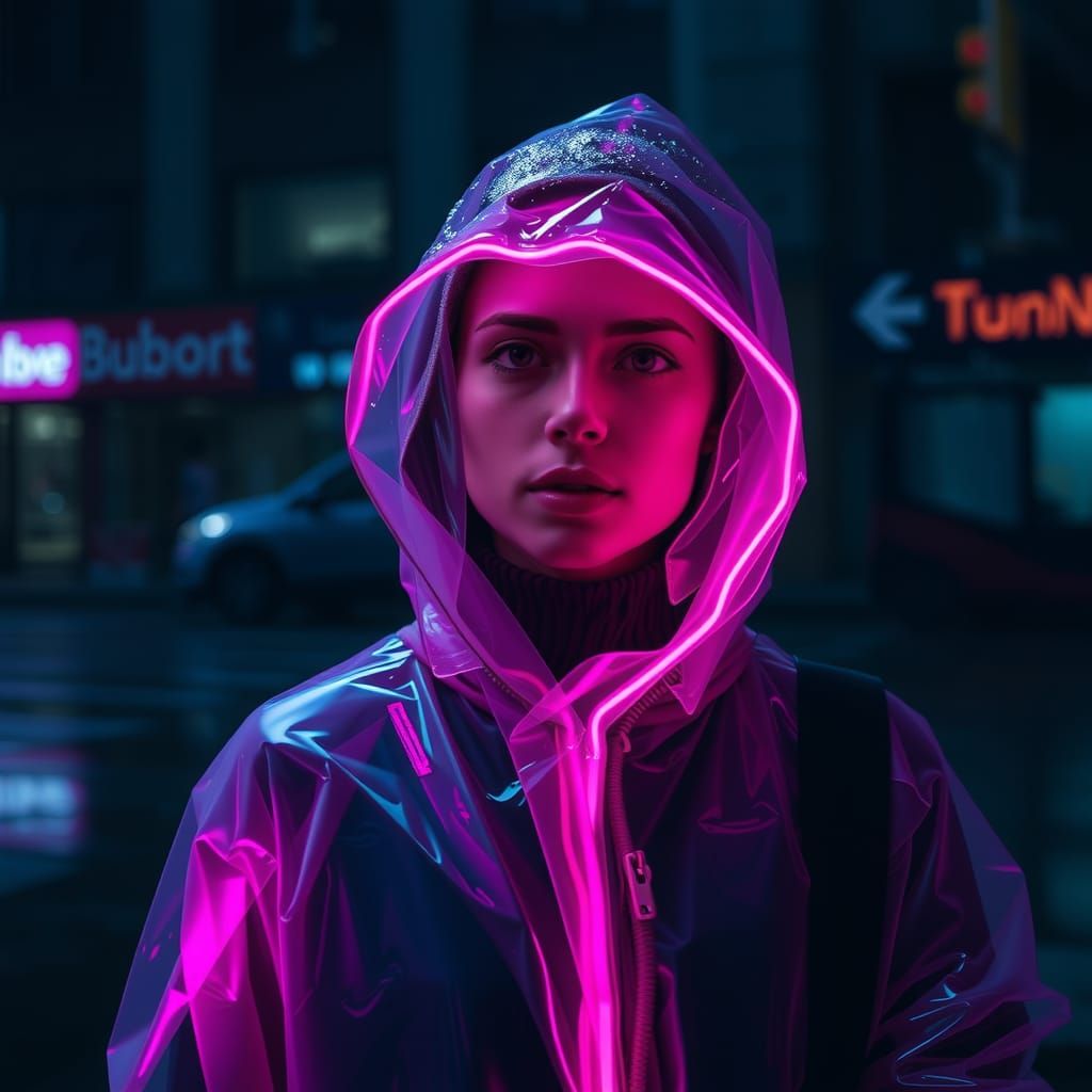 Neon Woman in Cyberpunk Style Rain