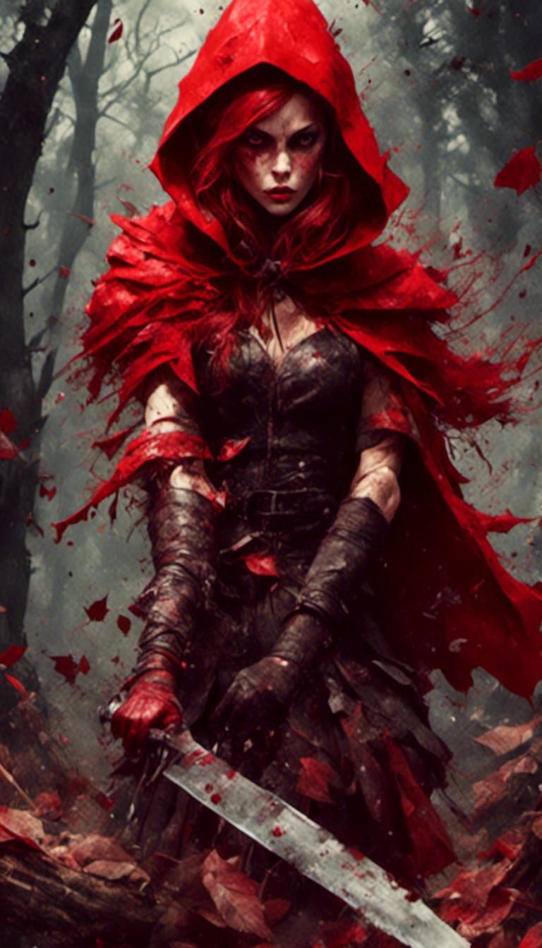 A 3d animation of Red Riding Hood slashing through leaves with a long knife <lora:Model X:1.0> <lora:Macabre:1.0>