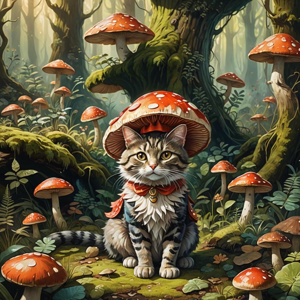 Cat Dressed as Mushroom in Forest