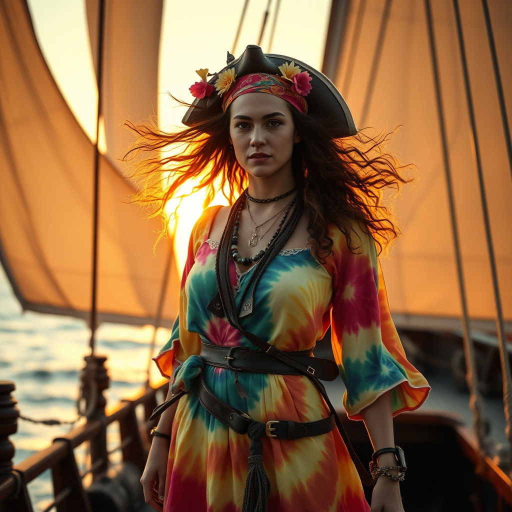 Hippie Pirate Queen on a Sunset Ship