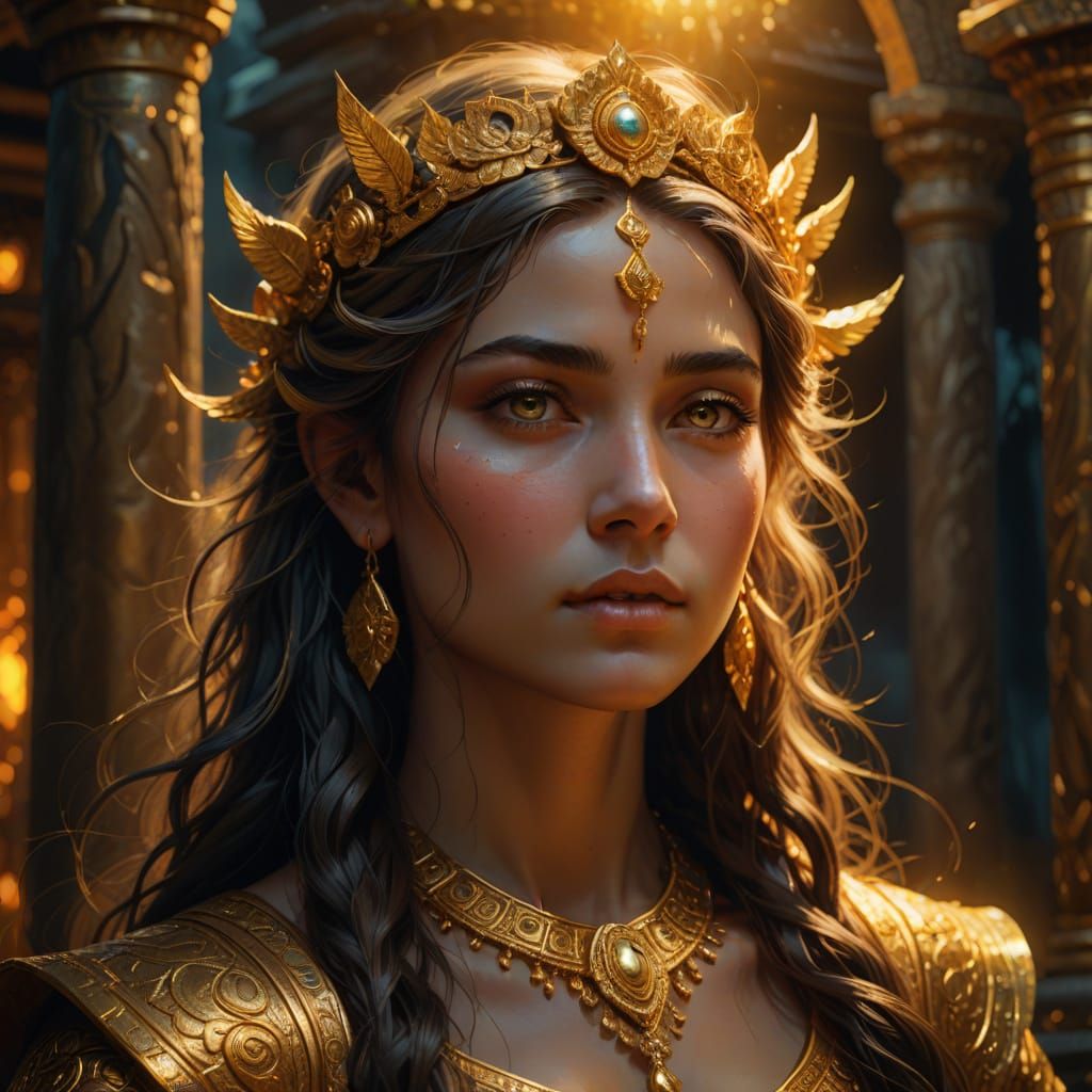 Goddess in Temple: Vibrant Oil Painting Style Digital Art