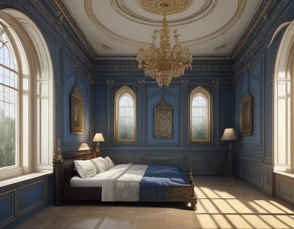 Sunlit Greco-Roman Bedroom with Books and Blue Silk