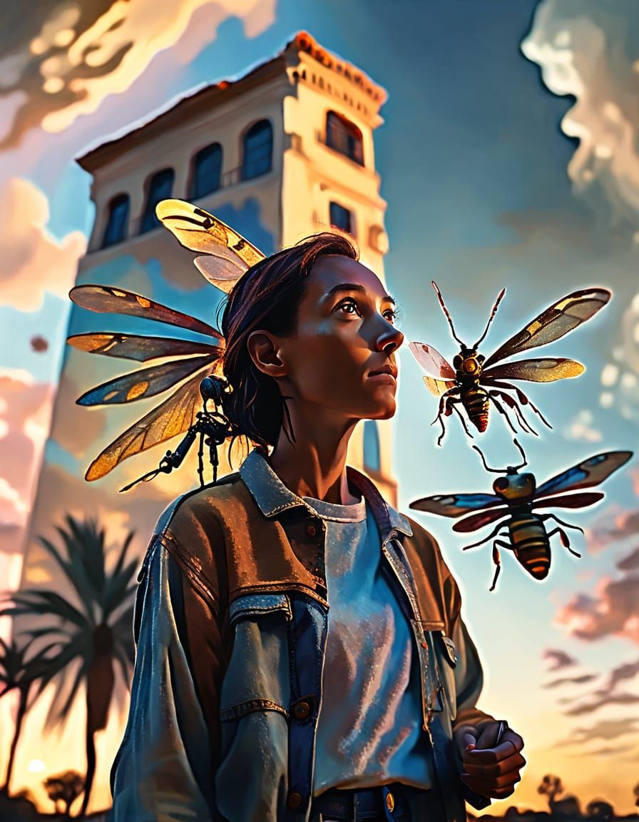 Neo-Surrealist Figure Behind Glass with Golden Light