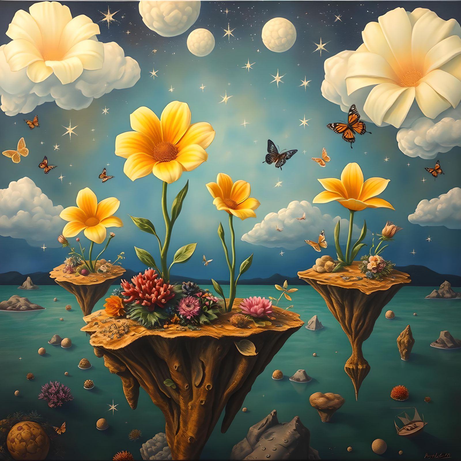 Floating Islands with Giant Flowers in Surreal Style
