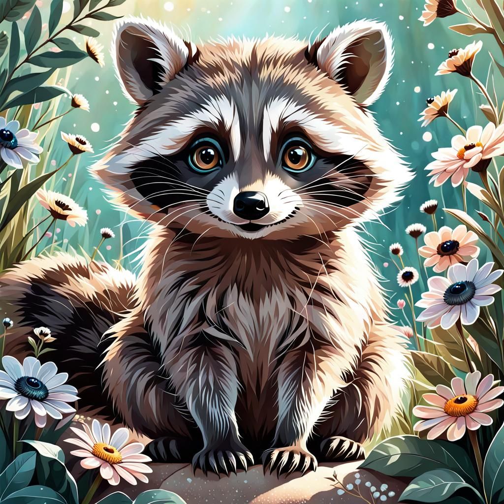 Cute Raccoon with Big Eyes in Magic Realism