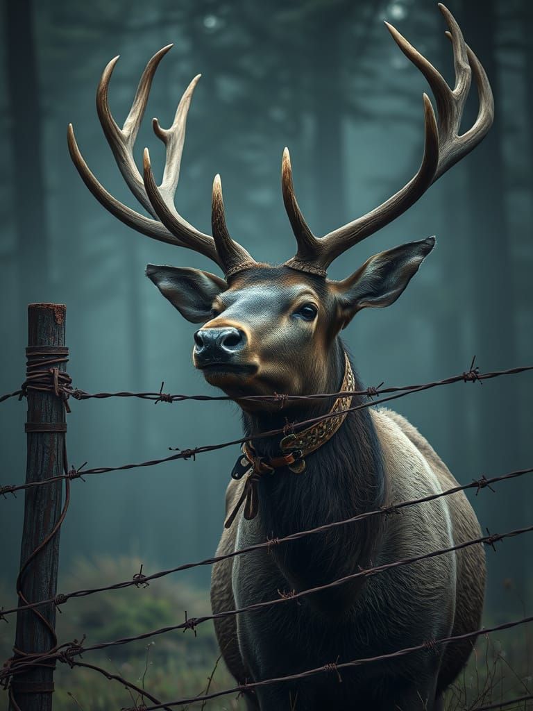 Entangled Elk in Misty Forest: Hyperrealistic Style