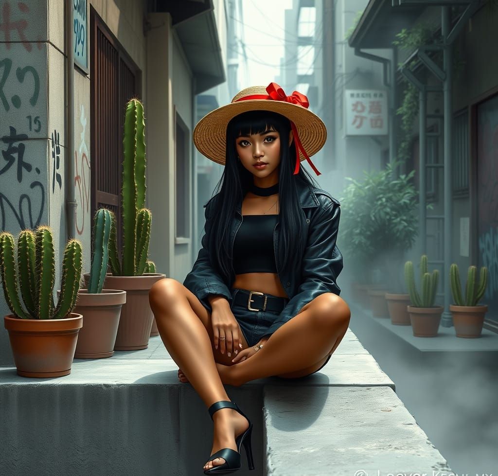 Photorealistic image of a young woman with dark skin and lon...