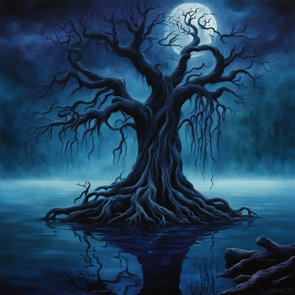 Gothic Lake Figure in Dark Fantasy Oil Painting