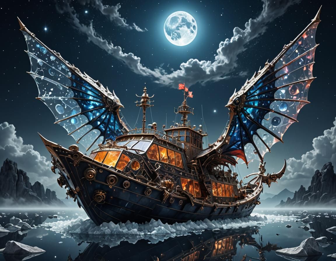 Crystal Winged Boat Soaring in Night Sky