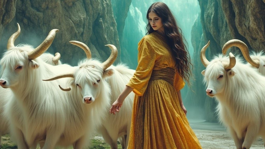 Mystical Alien Landscape with Woman and White Yaks
