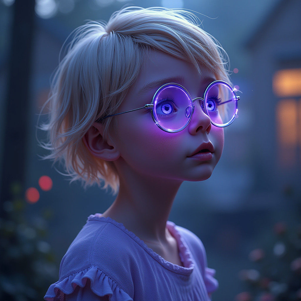 Mystical Girl in Fairytale Garden with Iridescent Eyes