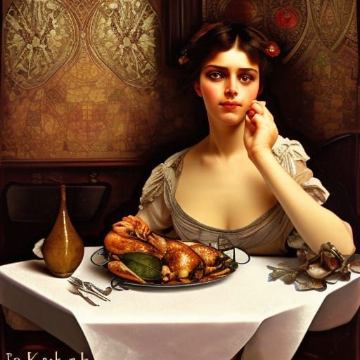 Woman Eating Chicken: Hyperrealistic Digital Portrait