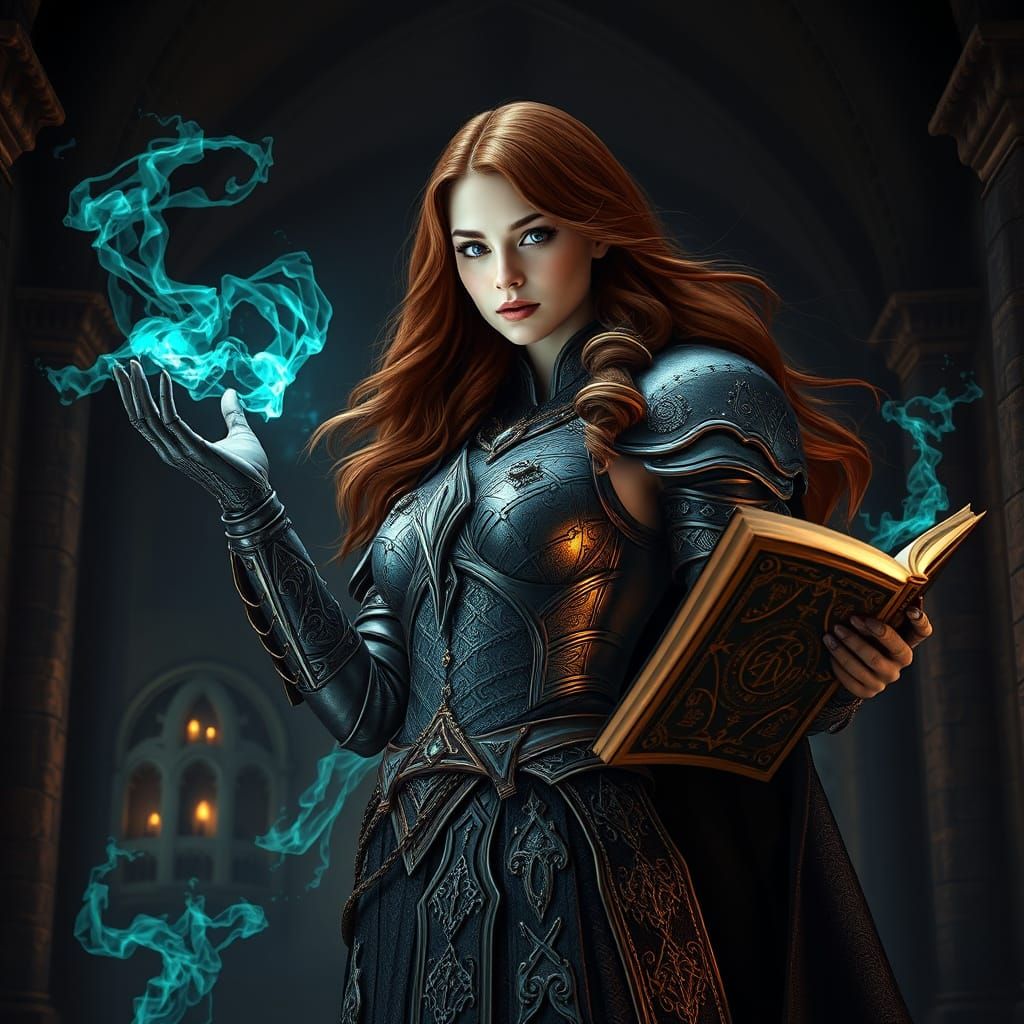Medieval Sorceress in Ornate Armor Conjuring Magic