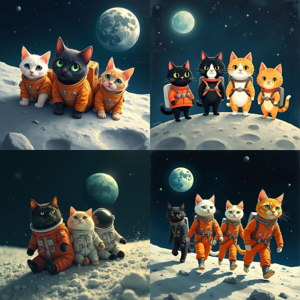 Four Astronaut Cats Explore the Moon