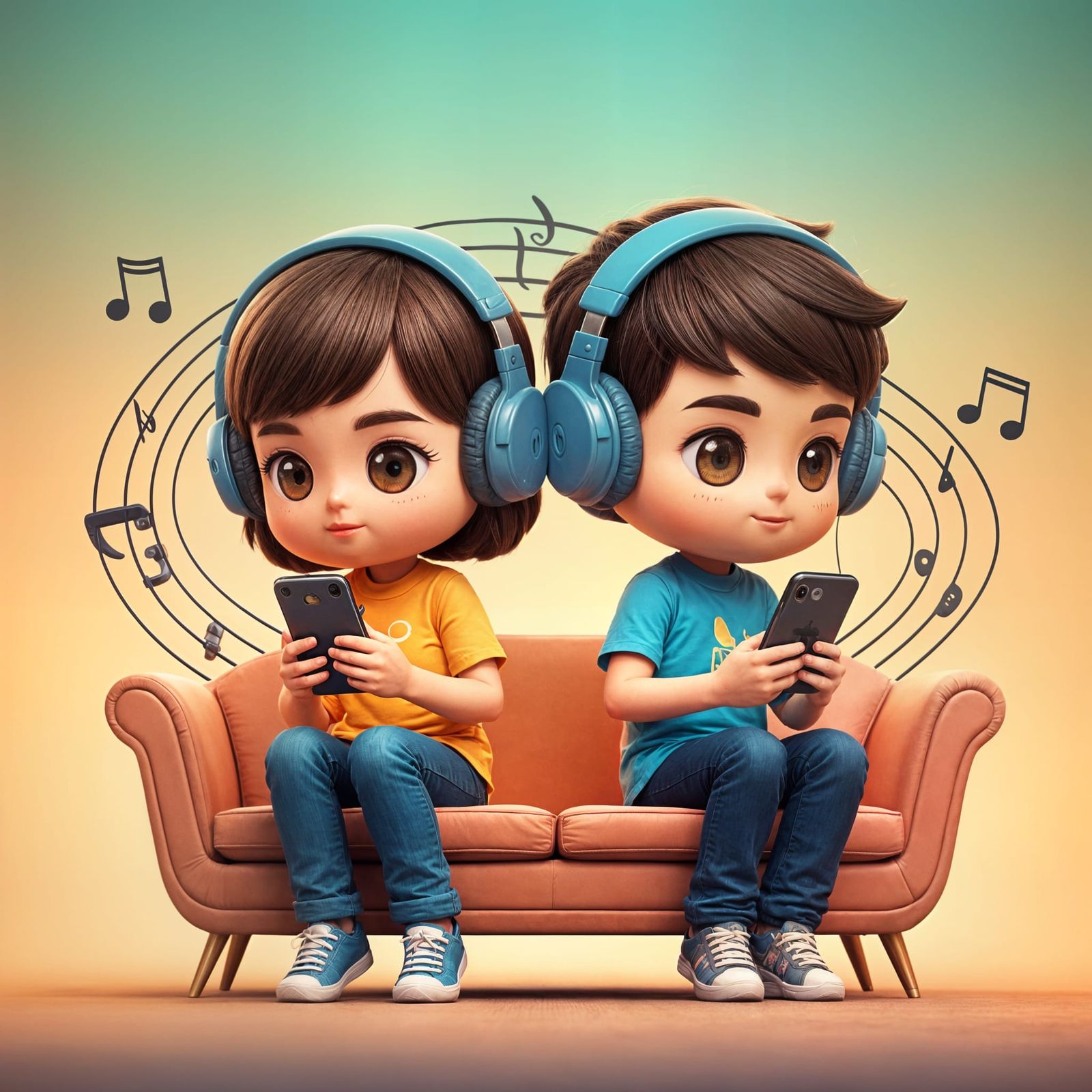 Cartoon Couple Immersed in Smartphones, Chibi Art