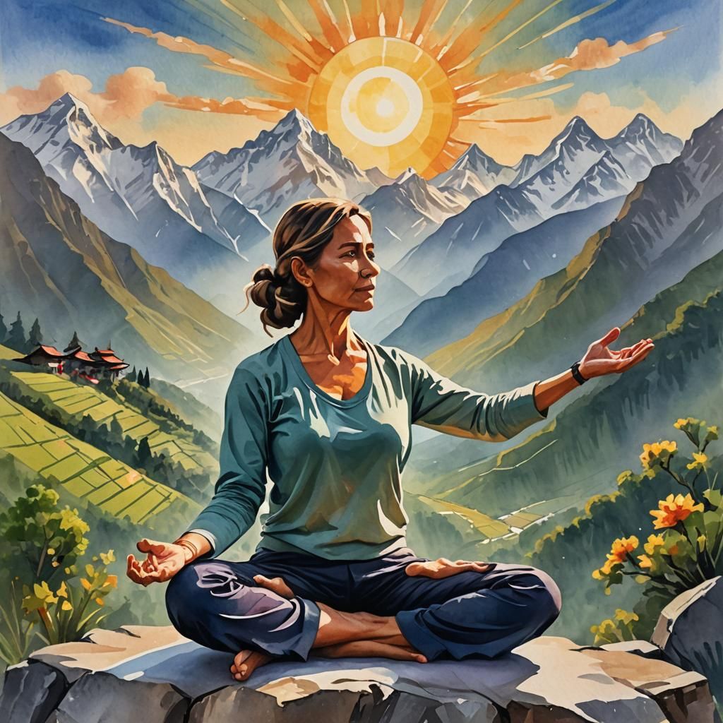 Yoga Teacher in Himalayas: Gouache Impressionist Sunrise