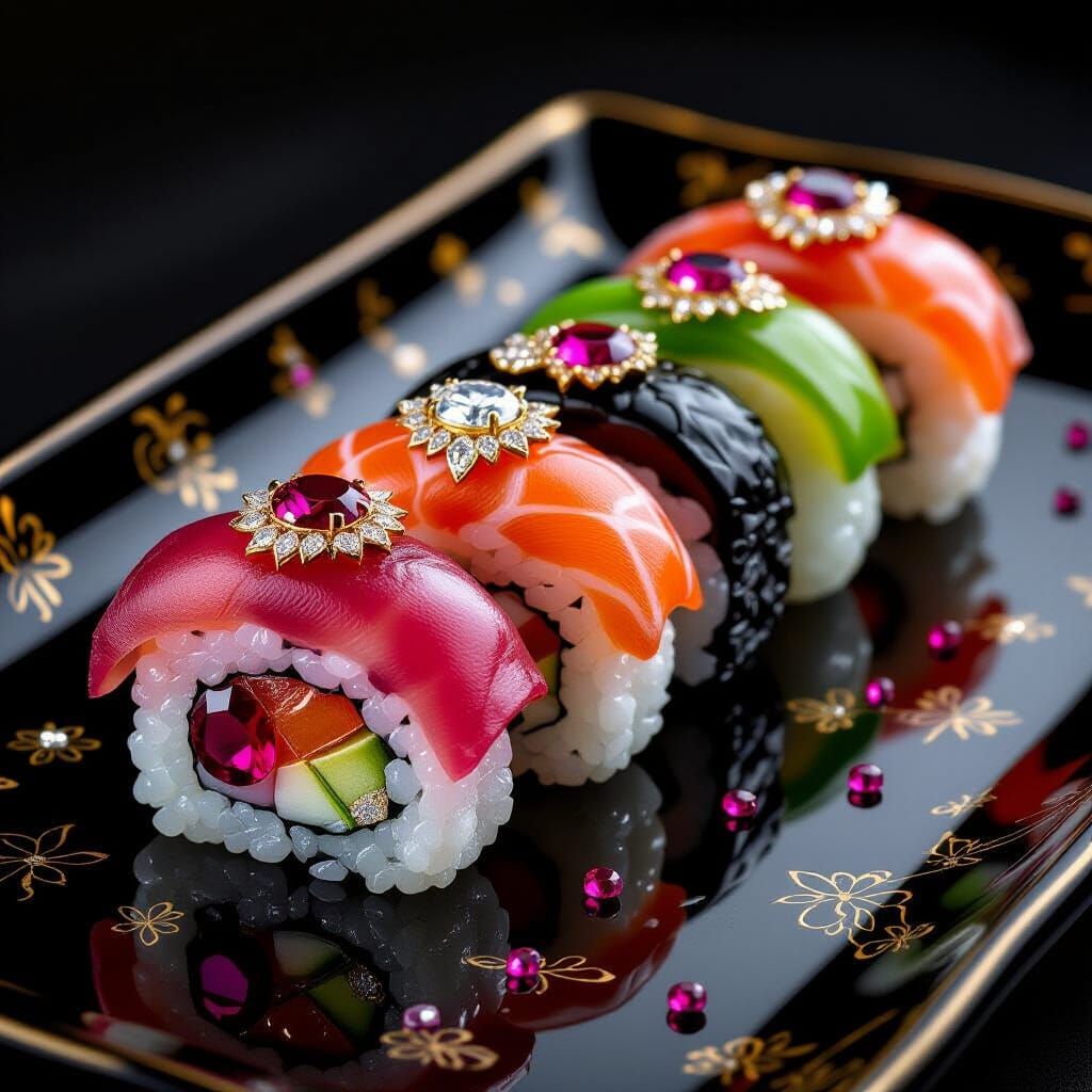 Gemstone Sushi with Diamonds and Rubies in Art Nouveau Style