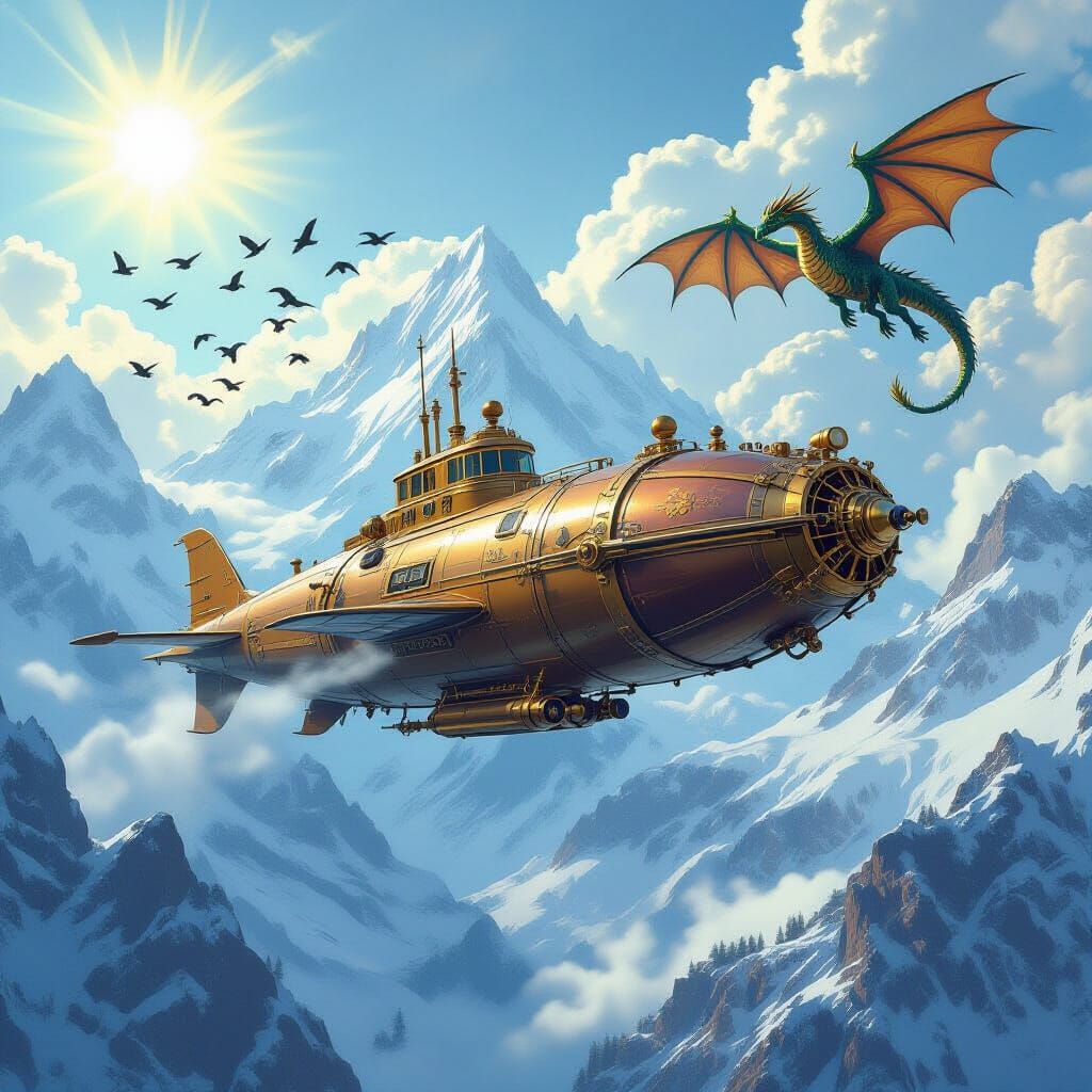 Steampunk Submarine Flies With Dragons Over Snowy Mountains