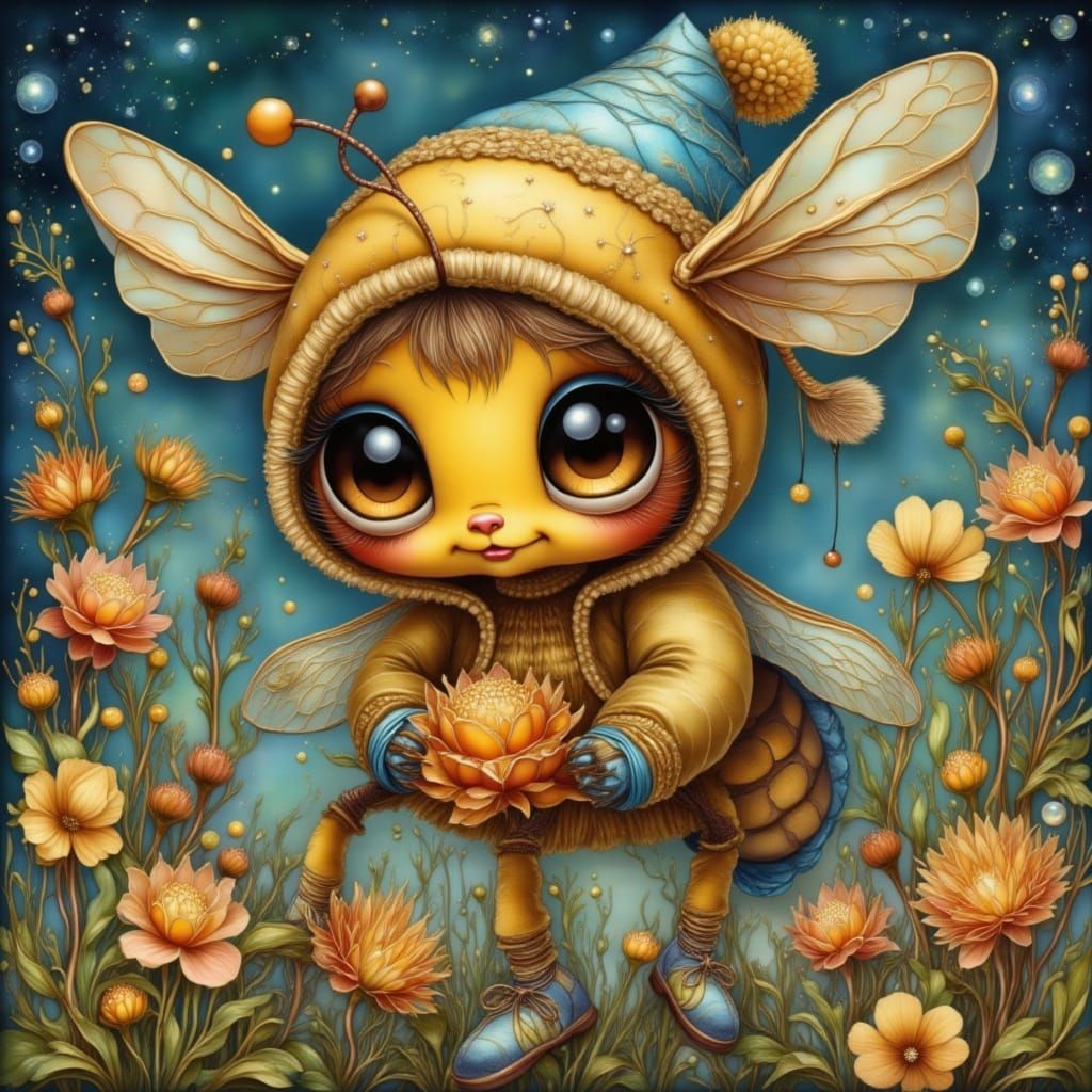 Bumblebee in Nightcap Cuddling Flower Bud