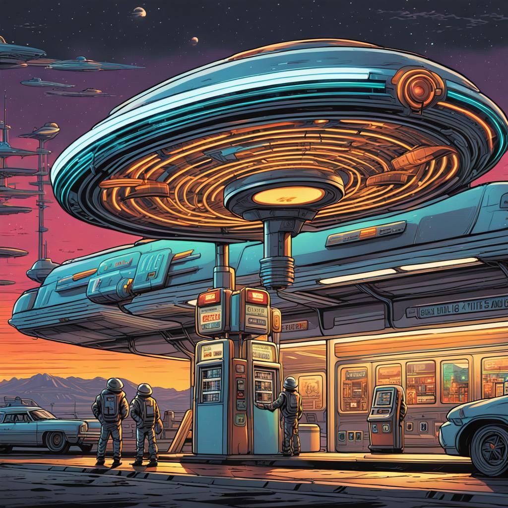 Aliens Staff Gas Station for Flying Saucers: Comic Book Art