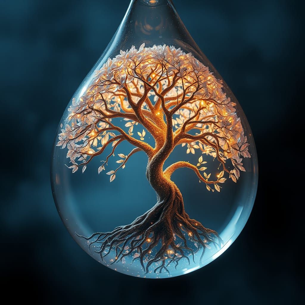 Ethereal Tree of Life Radiating Light in Water Drop