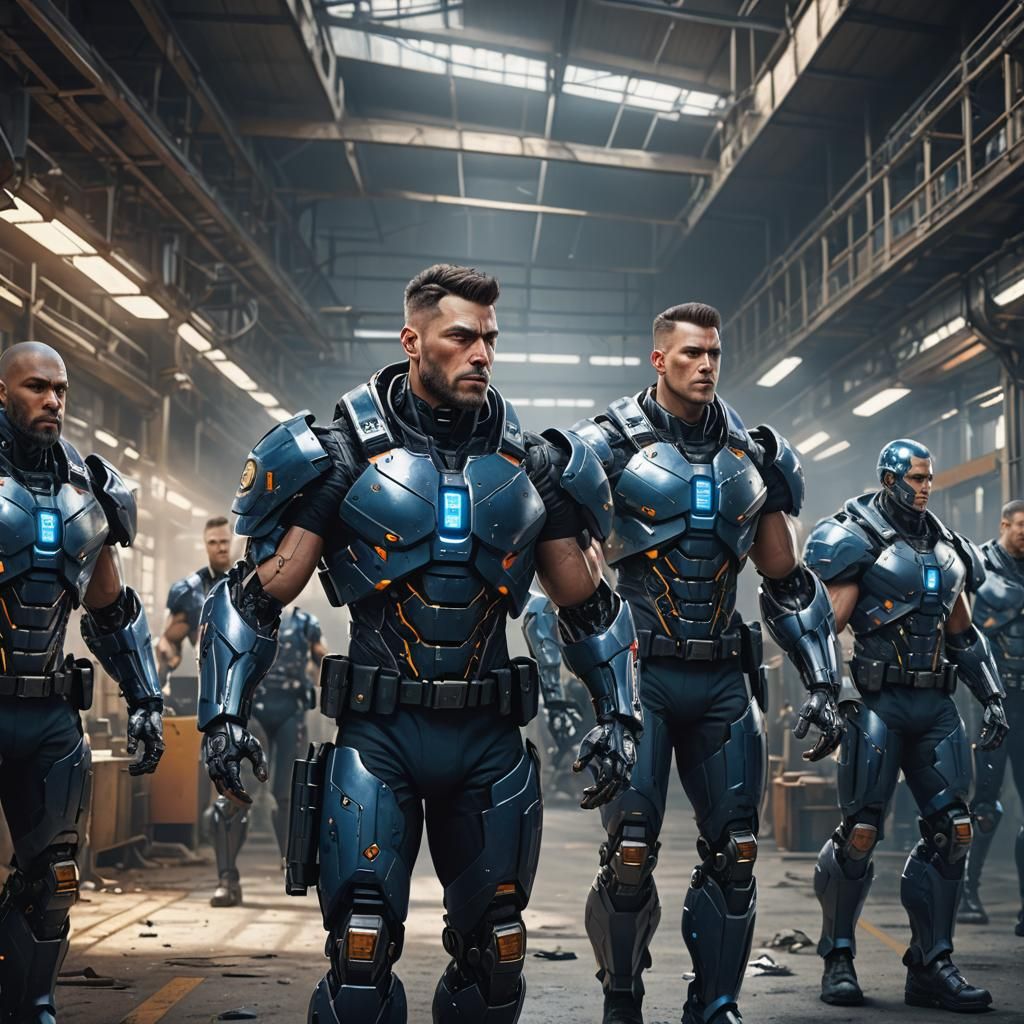 Hyper-Muscular Cyborg Police Officers in Factory