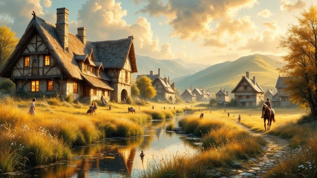 Medieval Village in Meadow as Impasto Painting