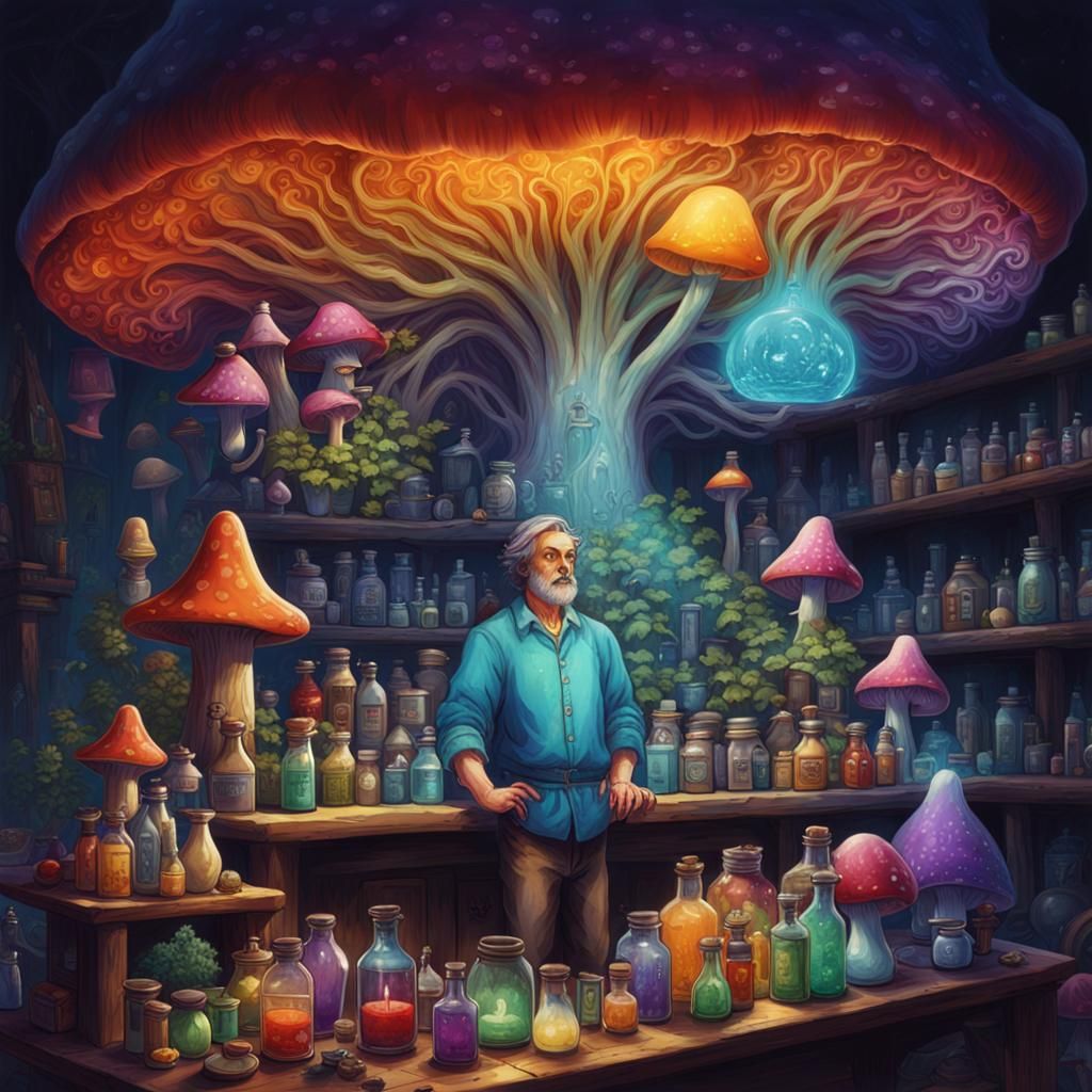 Mushroom Magical Shop with Potions and Plants