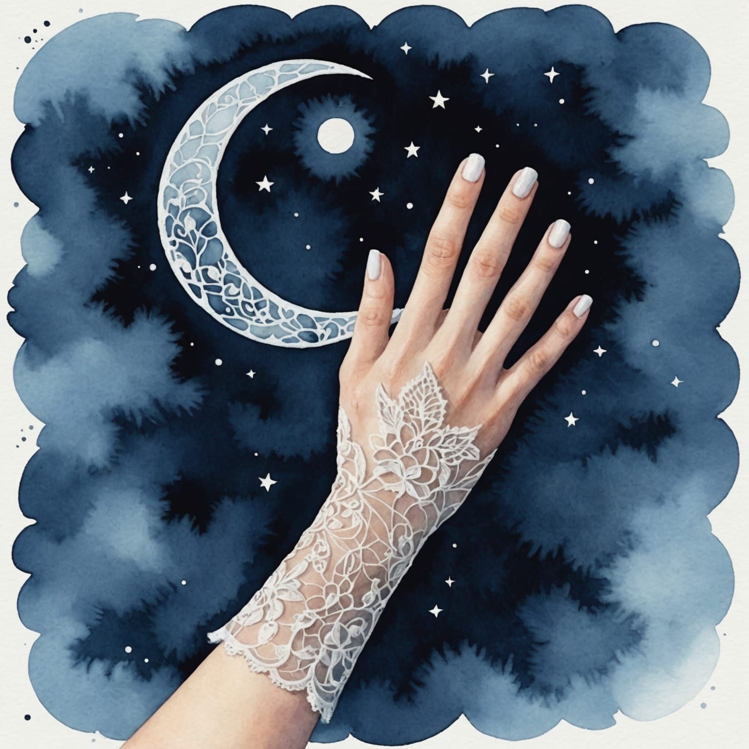 Lace Glove Reaching for Moon in Watercolor