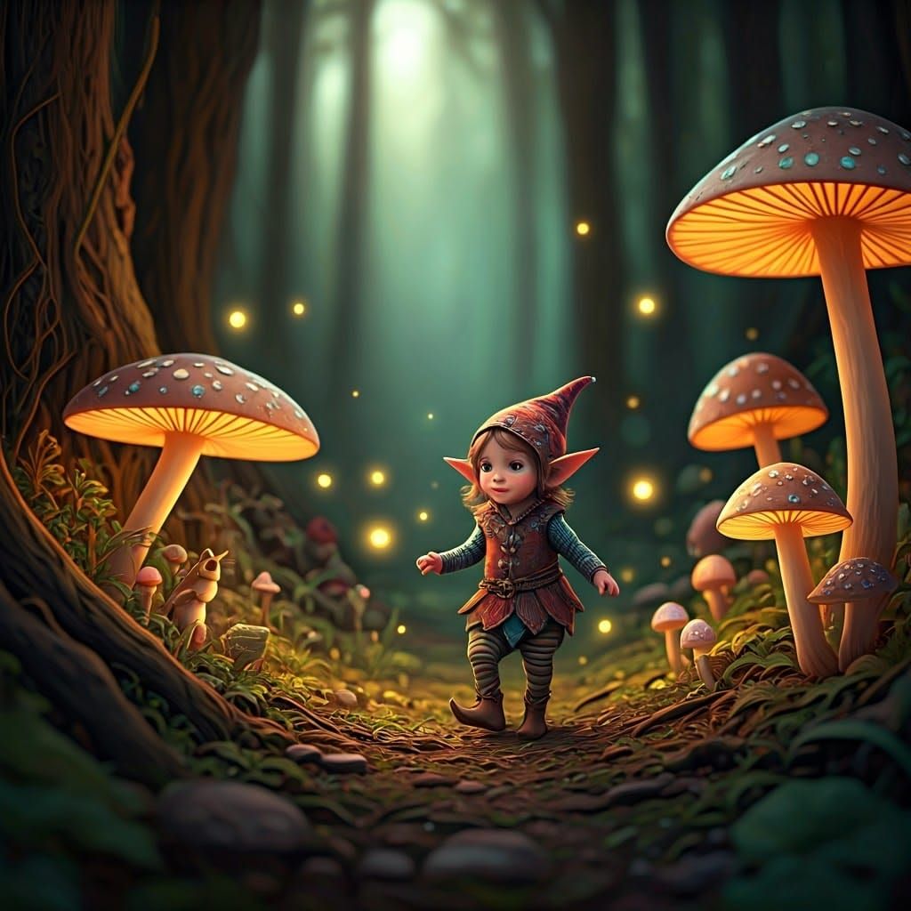 Whimsical Elves in Vibrant Forest with Glowing Mushrooms and...