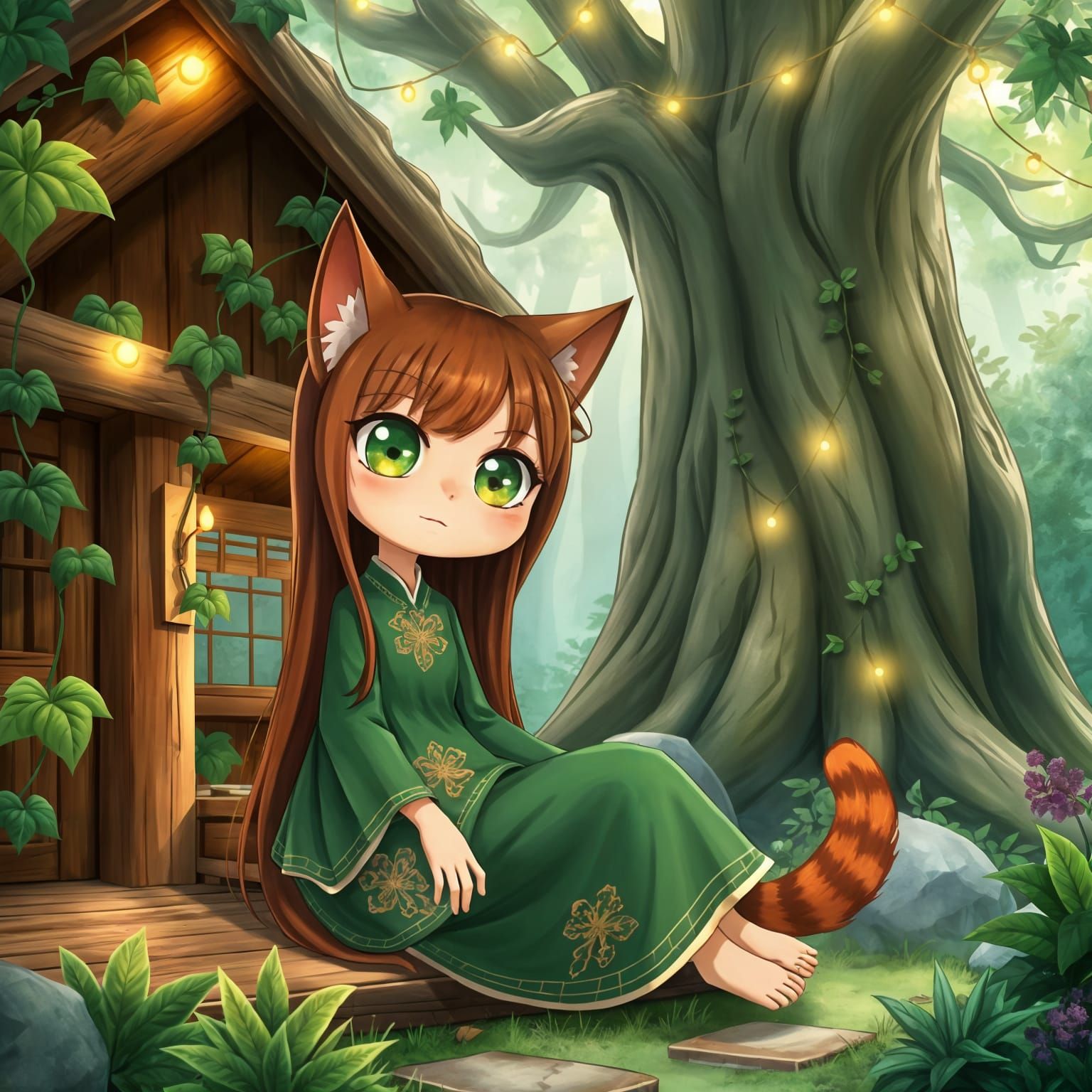 Whimsical Catgirl Cabin Dweller in a Forest Sanctuary