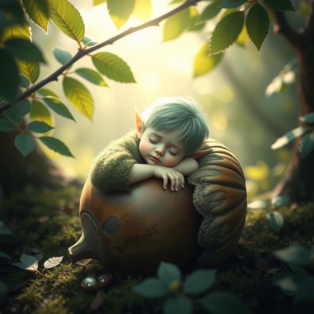 Elf Sleeps Peacefully in Acorn in Mystical Forest