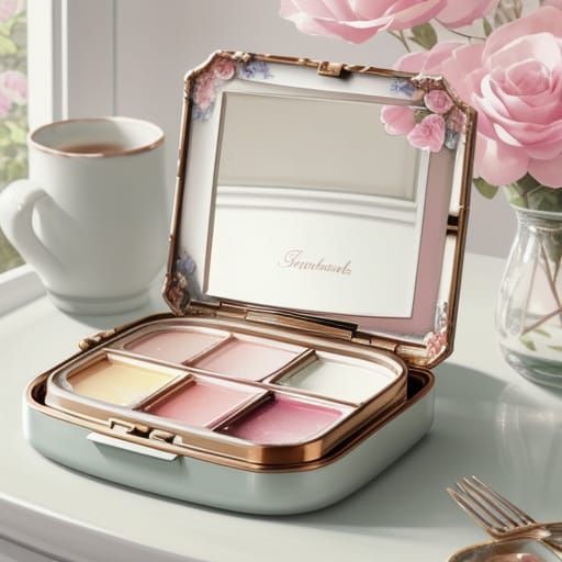 Elegant Watercolor Powder Compact on Vanity Table