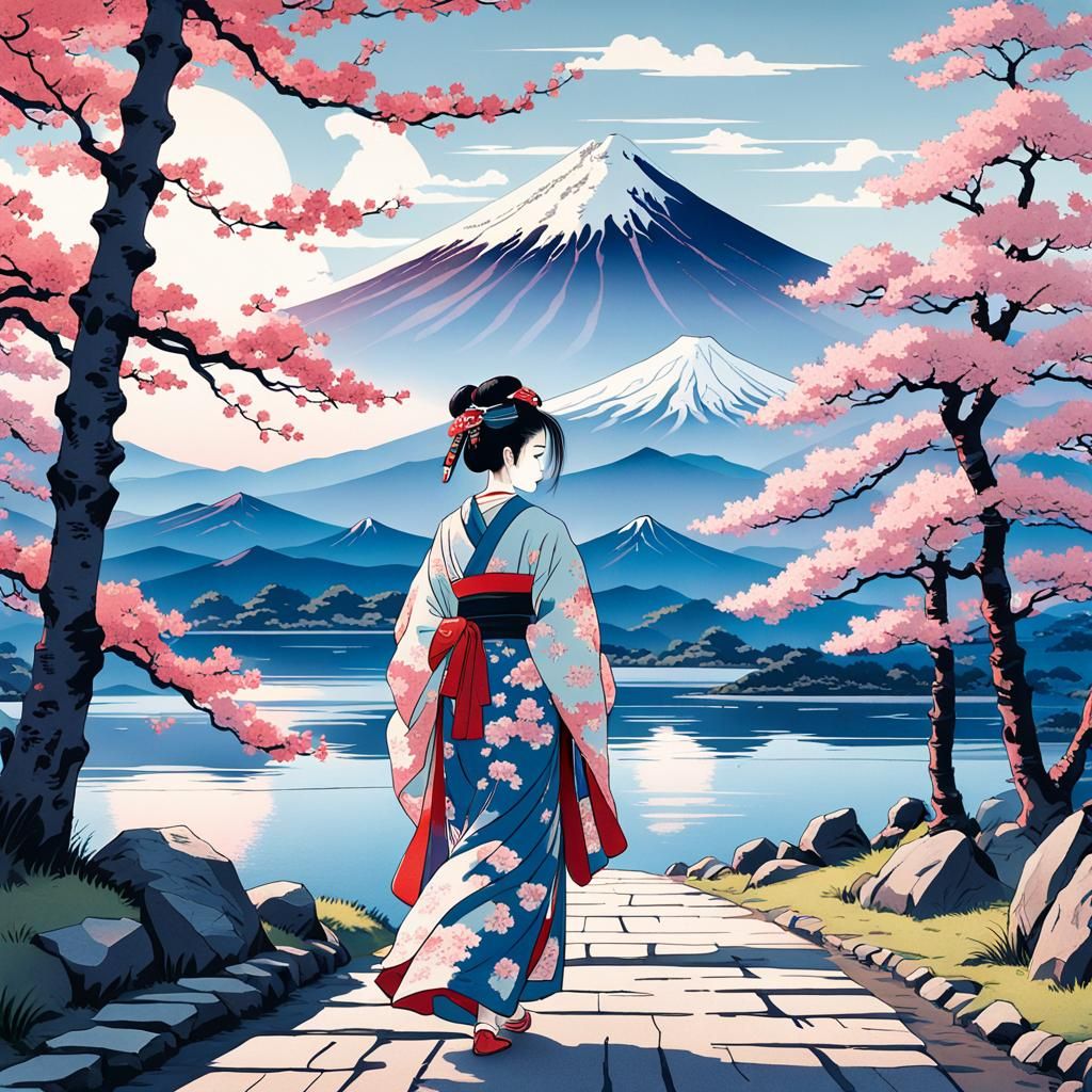 Geisha in Ukiyo-e Mount Fuji Landscape