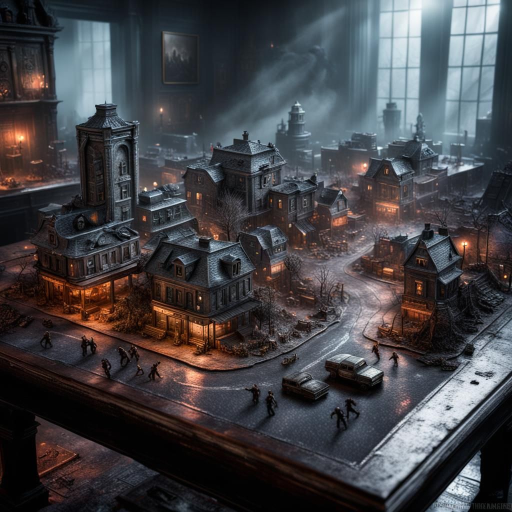 Hyperrealistic Miniature Zombie City on Table