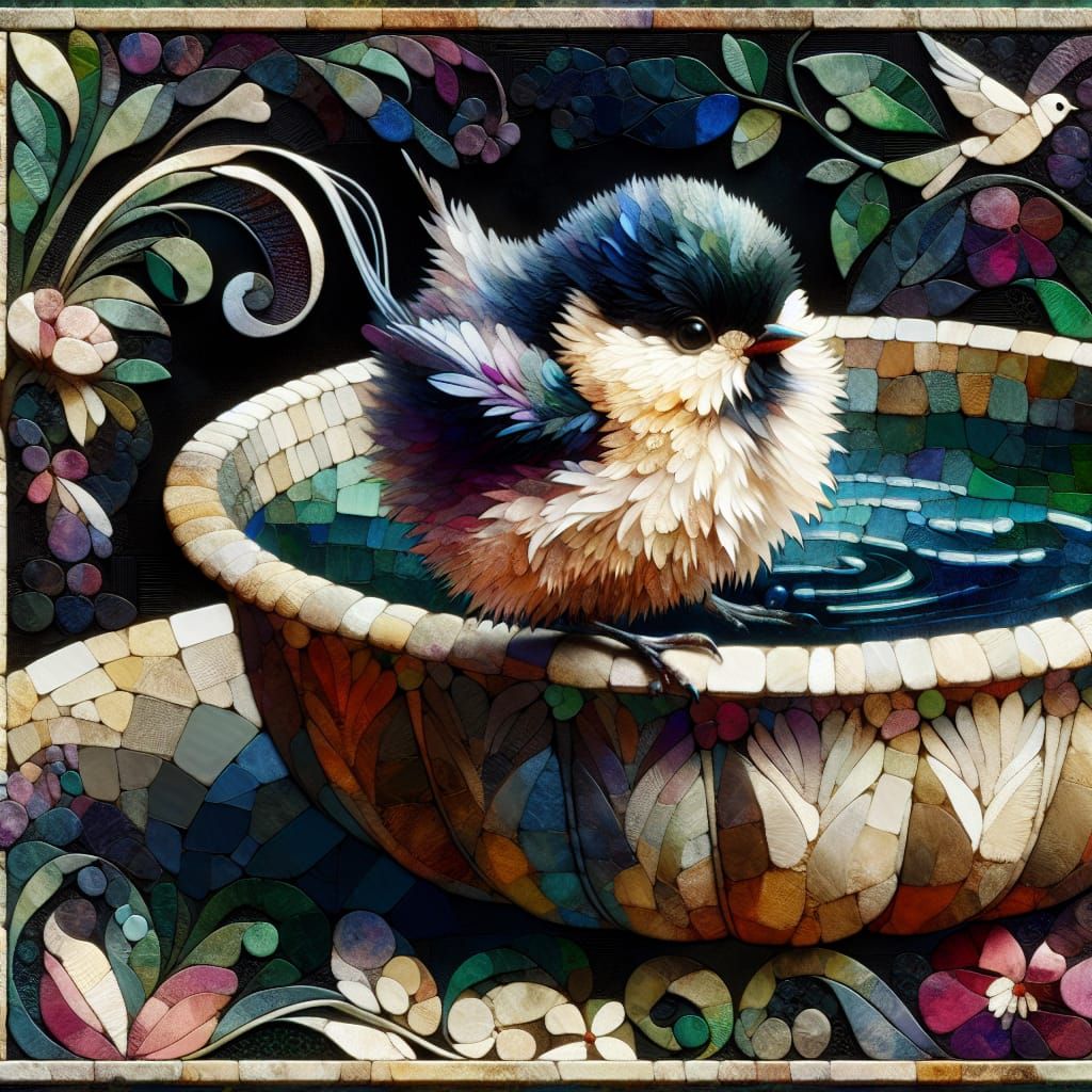 Fluffy Soaks in a Papier-Mâché Birdbath