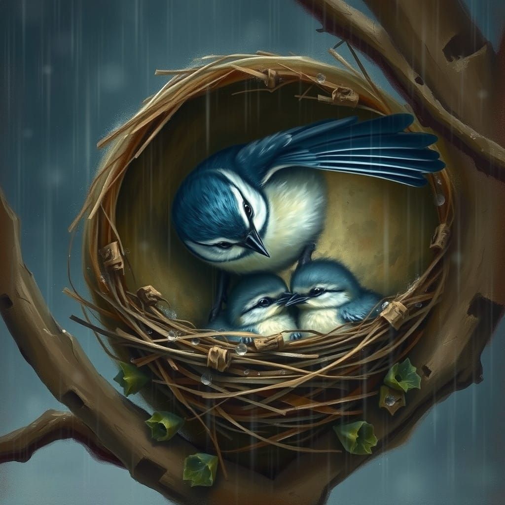 Mother Blue Tit's Protective Wings in a Rainy Night