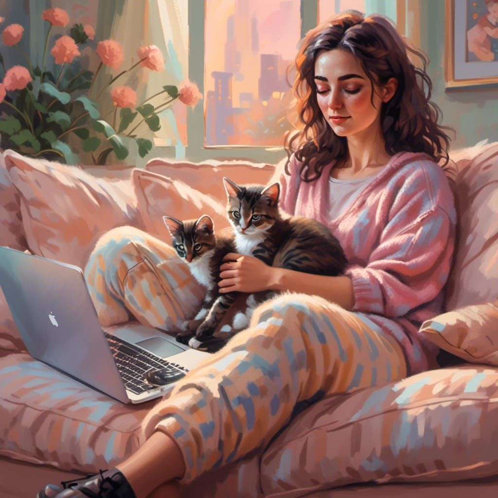 Cozy Digital Painting of Woman with Kittens