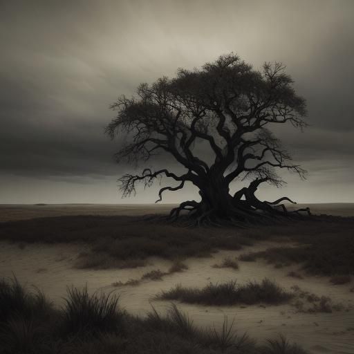 Desolate Dark Fantasy Landscape with Ancient Tree