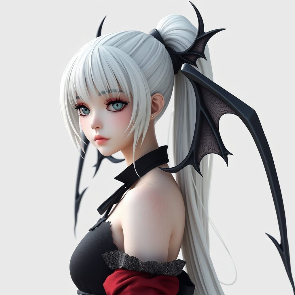 Gothic Anime Goddess with Iridescent Bat Wings