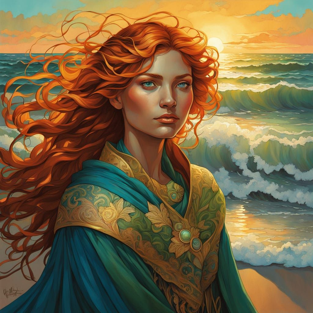 Majestic Nehalennia Goddess Stands on Windswept North Sea Be...