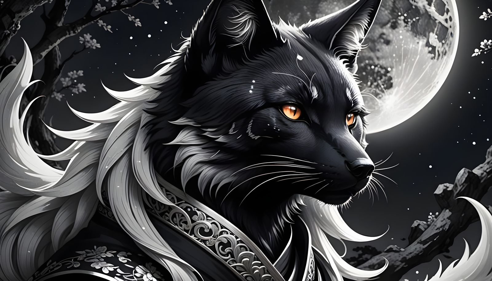 Detailed Pencil Sketch of Black Kitsune