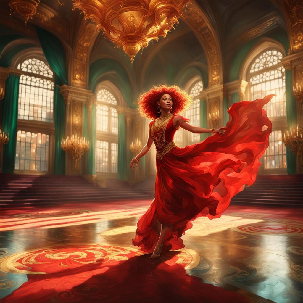 Woman in Red Silks Dances in Grand Hall