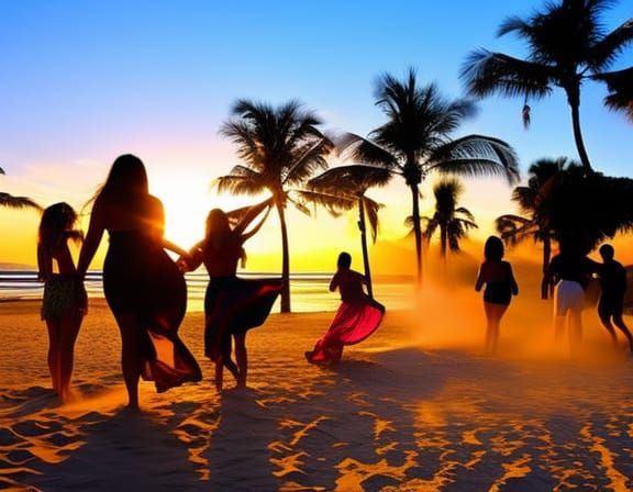 Tropical Beach Party at Sunset: Photorealistic Golden Hour