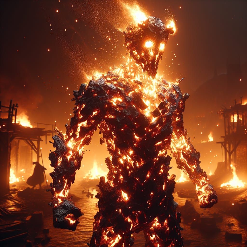 Molten Pyrite Fire Elemental in a Besieged Village