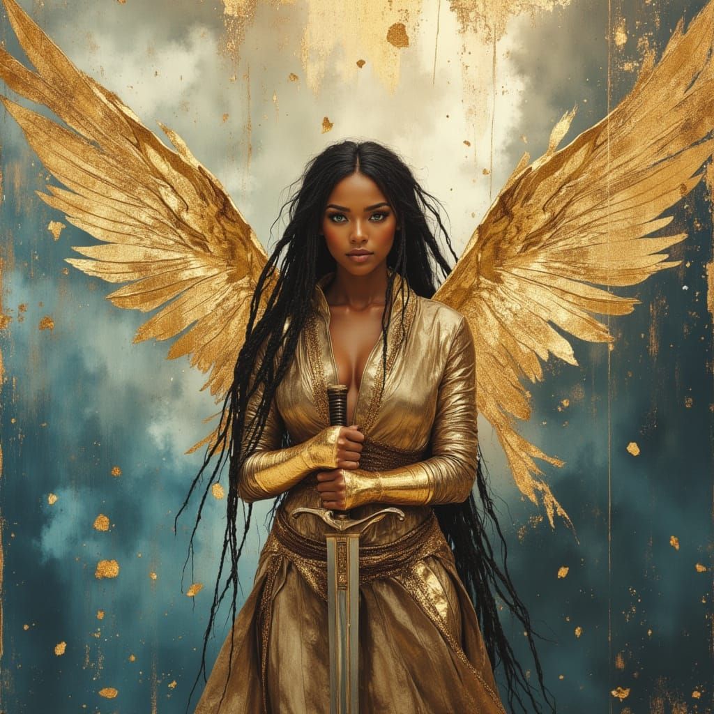 Glistening Angel Warrior Battling Cloud Demons