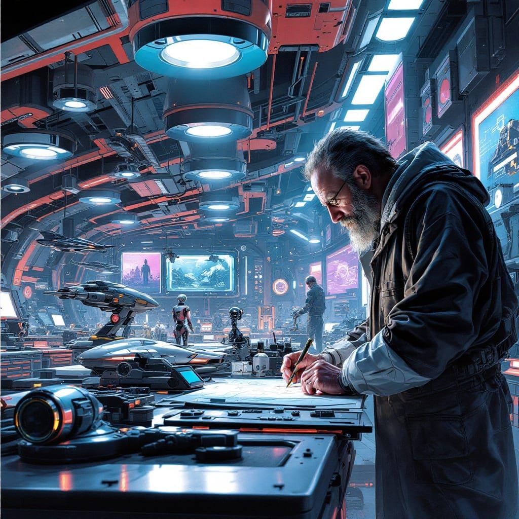 Inventor in a Futuristic Workshop