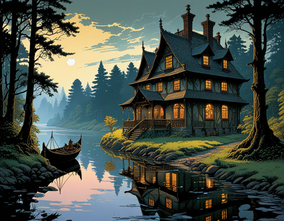 House near a River in Intricate, Meticulous Style