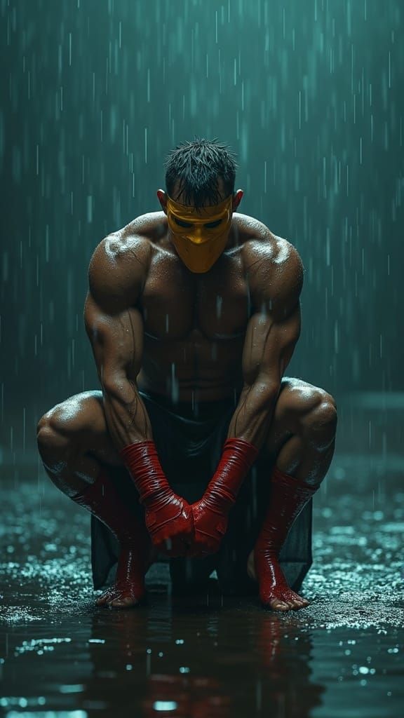 Battered Fighter Kneels in Rain-Soaked Arena with Yellow Mas...