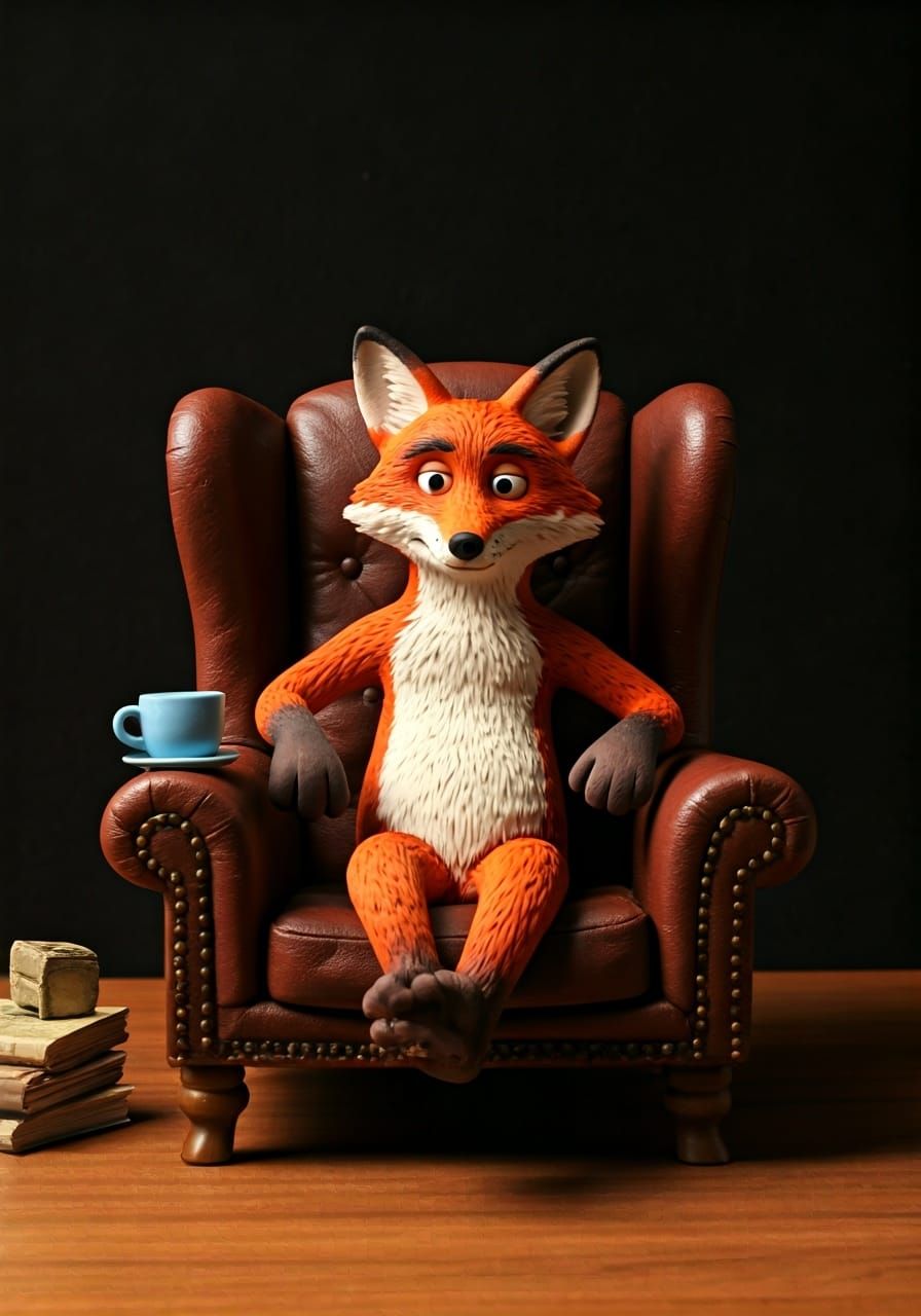 Relaxed Fox Reading Book in Aardman Style